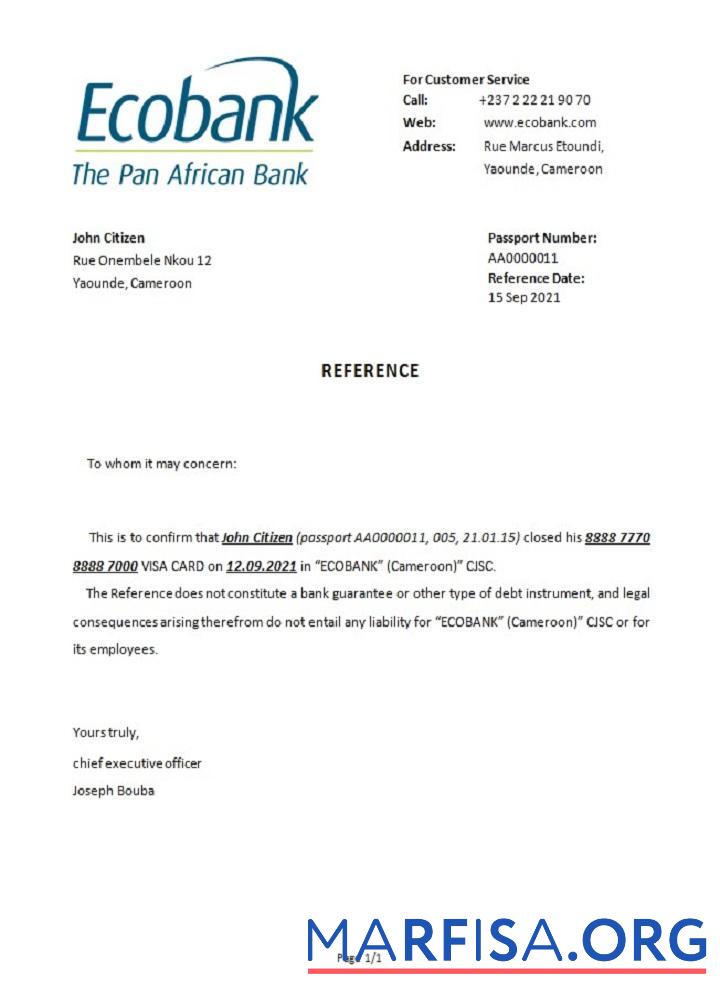 Blank Cameroon Ecobank closure reference sample